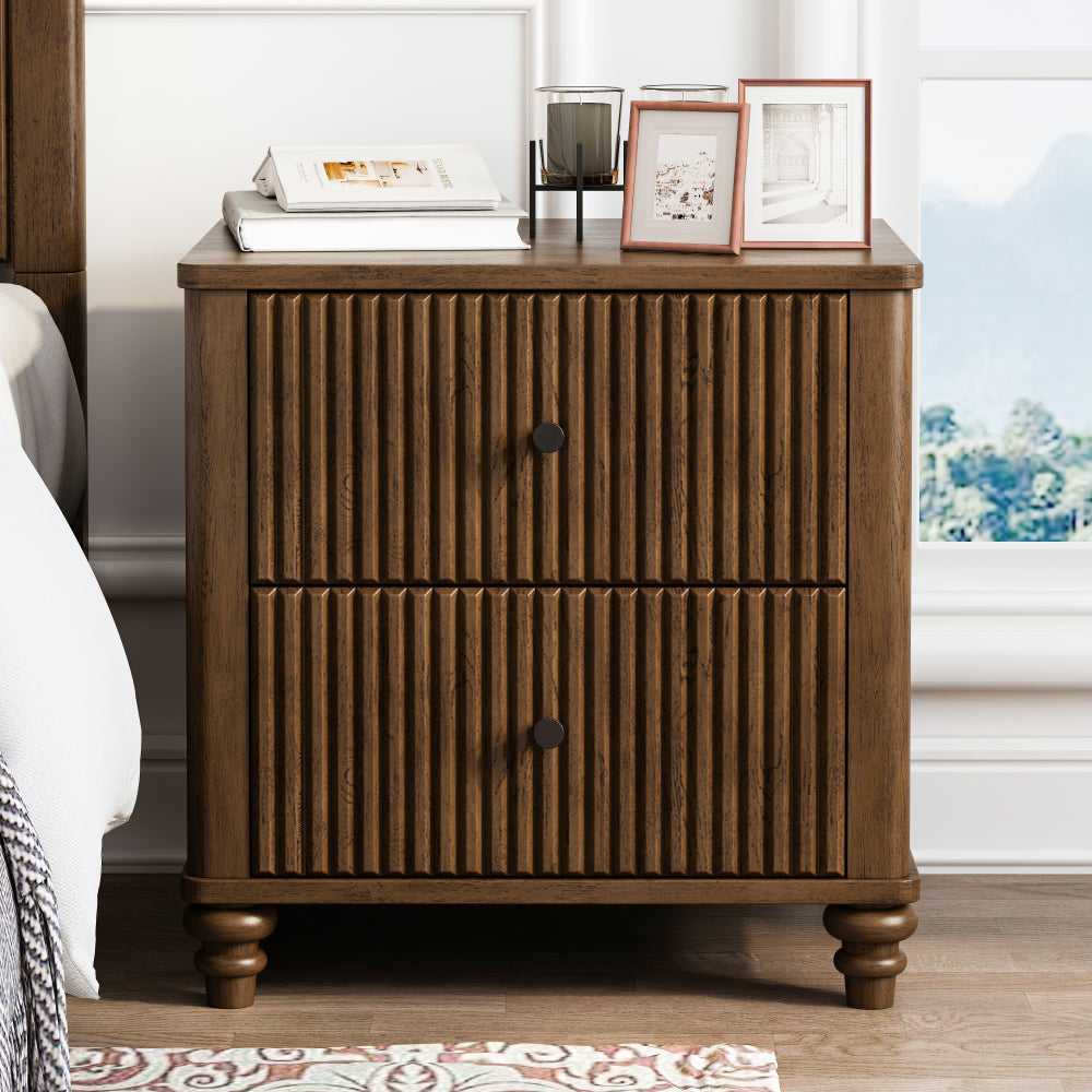 Fluted Nightstand, 21.65" Wide Side Table with 3 Drawers, Mid Century Modern Wood NightStand with Metal Handle, Wooden Bedside End Table for Bedroom, Living Room, Closet, Beige
