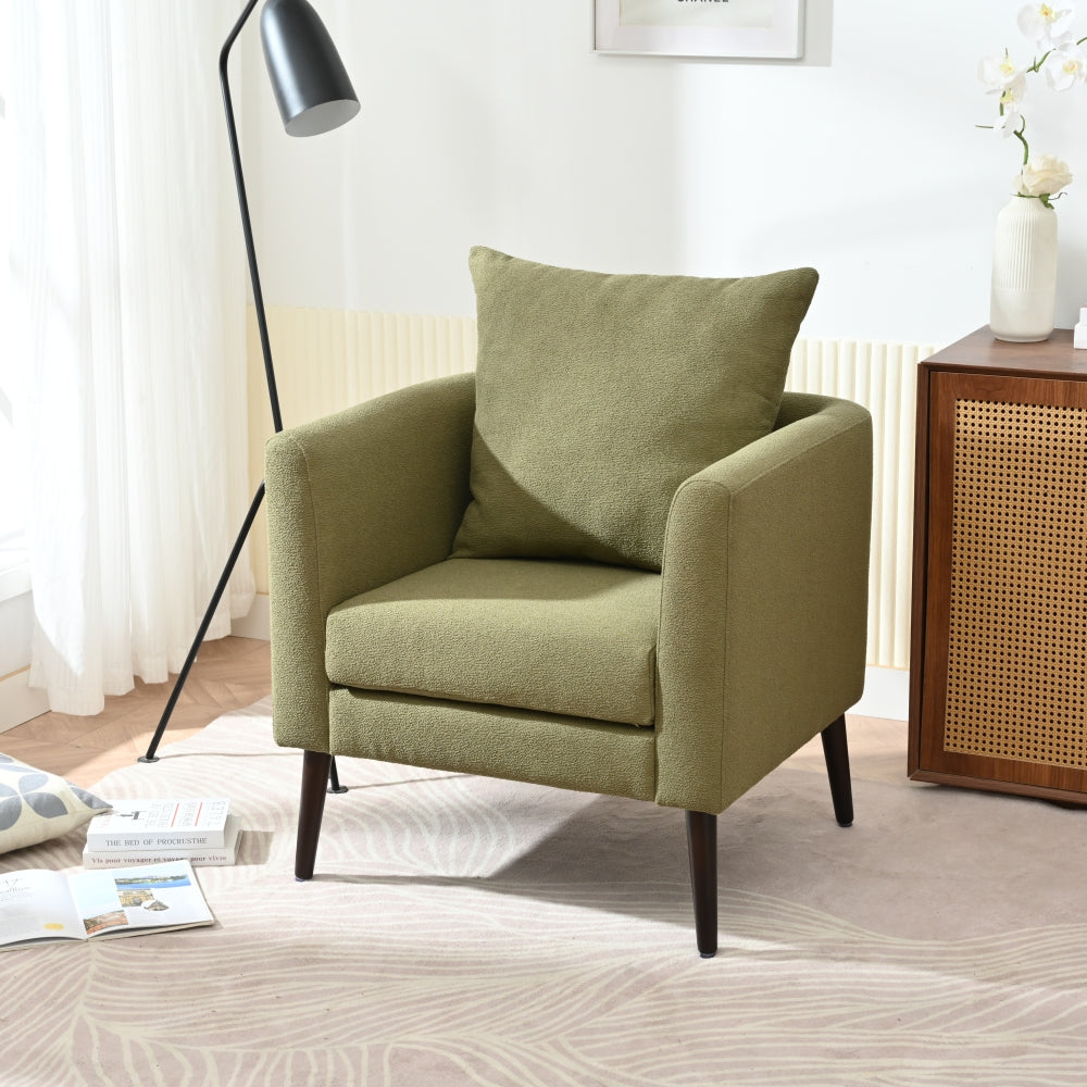 Modern Fabric Accent Chair, Upholstered Armchair for Living Room ,Mid Century Fabric Lounge Chair w/ Pillow, Comfortable Reading Chair with Wood Legs for Living Room, Bedroom,Reception Room (Olive)