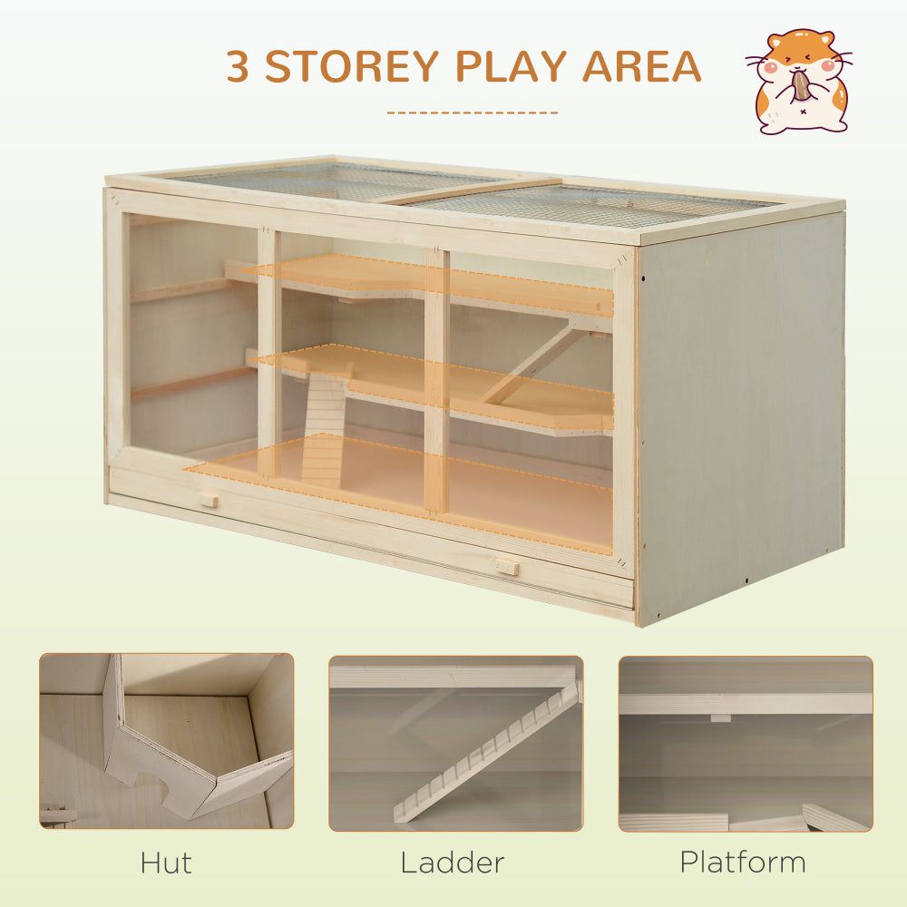 PawHut Extra Large Wooden Hamster Cage, Gerbil Cage, and Other Small Animal Habitat, Hamster Habitat with Opening Roof, Hut, Ramps, Natural
