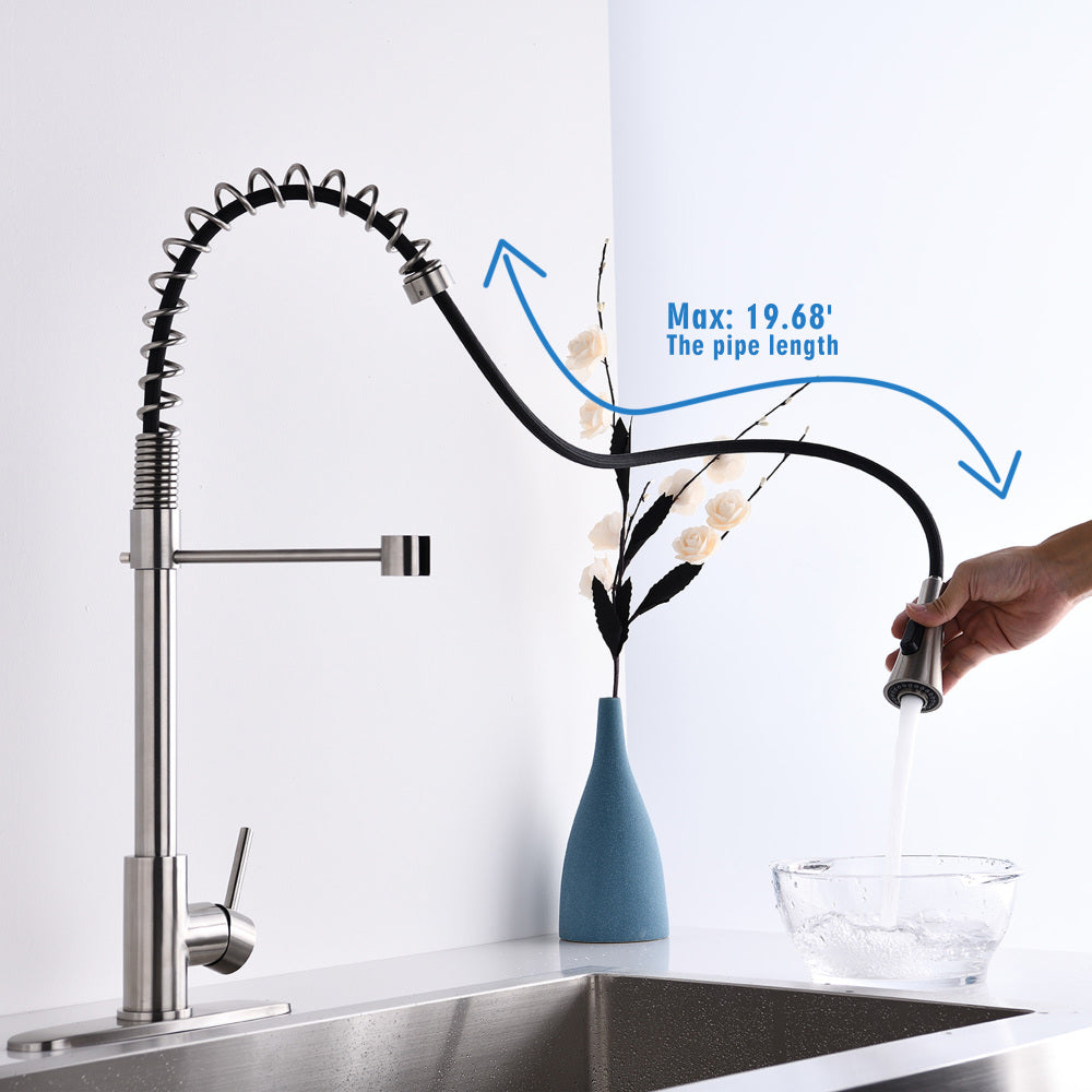 Brushed Nickel Single Handle Commercial Modern Spring High Arc Kitchen Faucet Water Filter System Bends as You Want