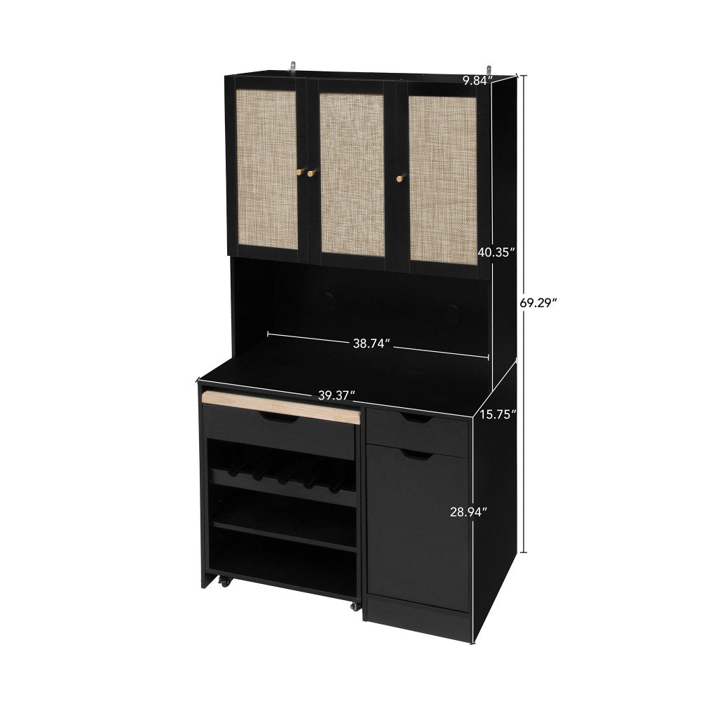 69.29" Kitchen Pantry Storage Cabinet, Modern Buffet Cabinet with Kitchen Cart, Tall Kitchen Hutch Cabinet with Microwave Stand, Food Pantry Cabinet with 3 Rattan Doors and Adjustable Shelves , Black
