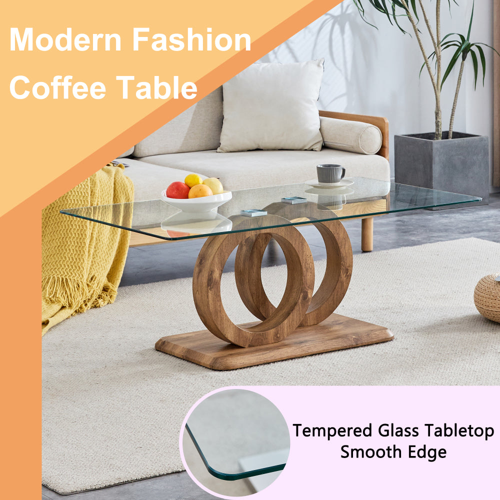 Modern Style Glass Top MDF Coffee Table with Natural Wood Color Base - Suitable for Living Rooms and Lounge Areas, with Product Dimensions of 47.2*25.6*17.8