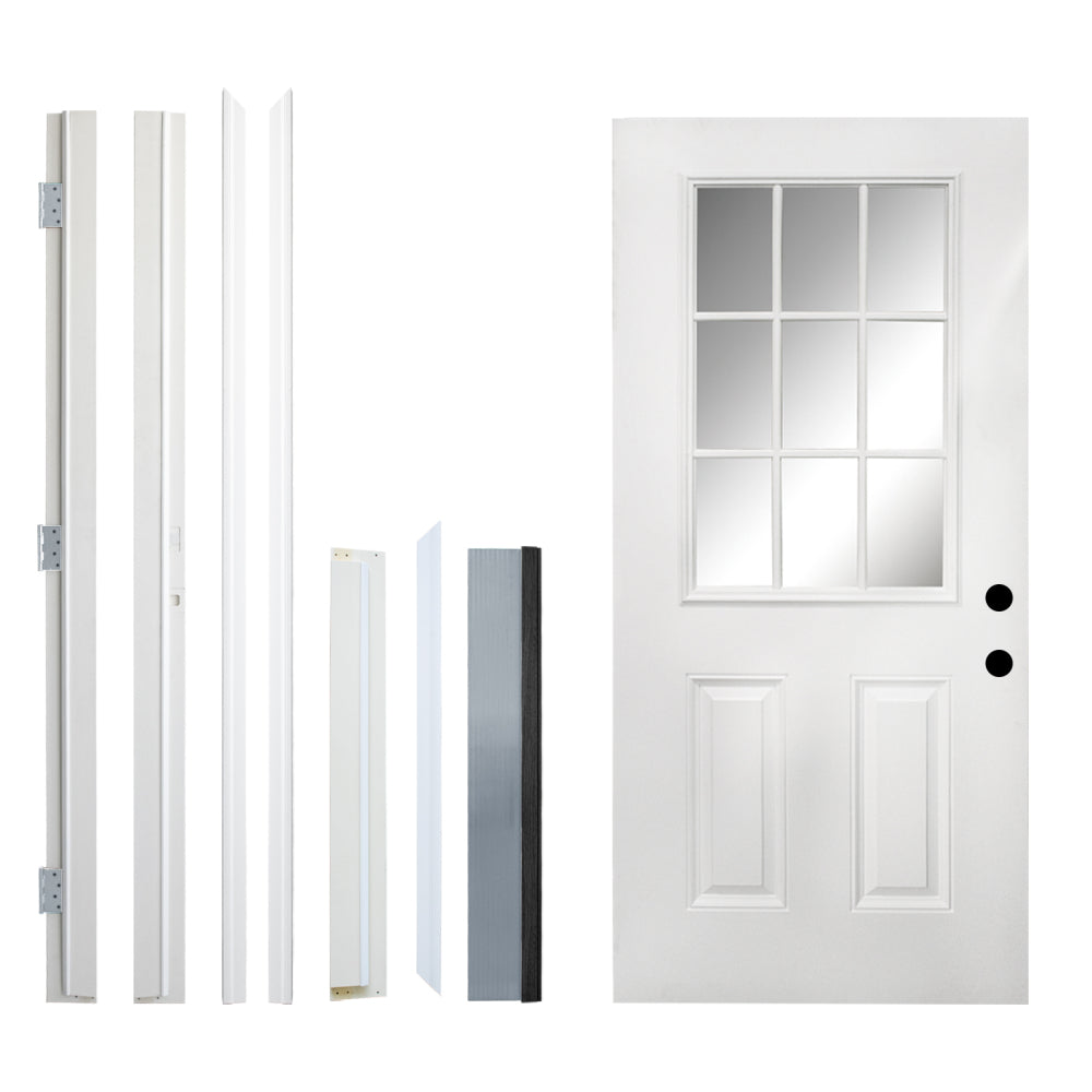 36 x 80 Fiberglass Entry Door with Brickmould, 4-9/16 in. Vinyl Frame,9 Lite Low-E Glass - Primed Front Door for Home's Front Entrance, Left Hand Inswing, White Oak Wooden Grain Knock-Down Door