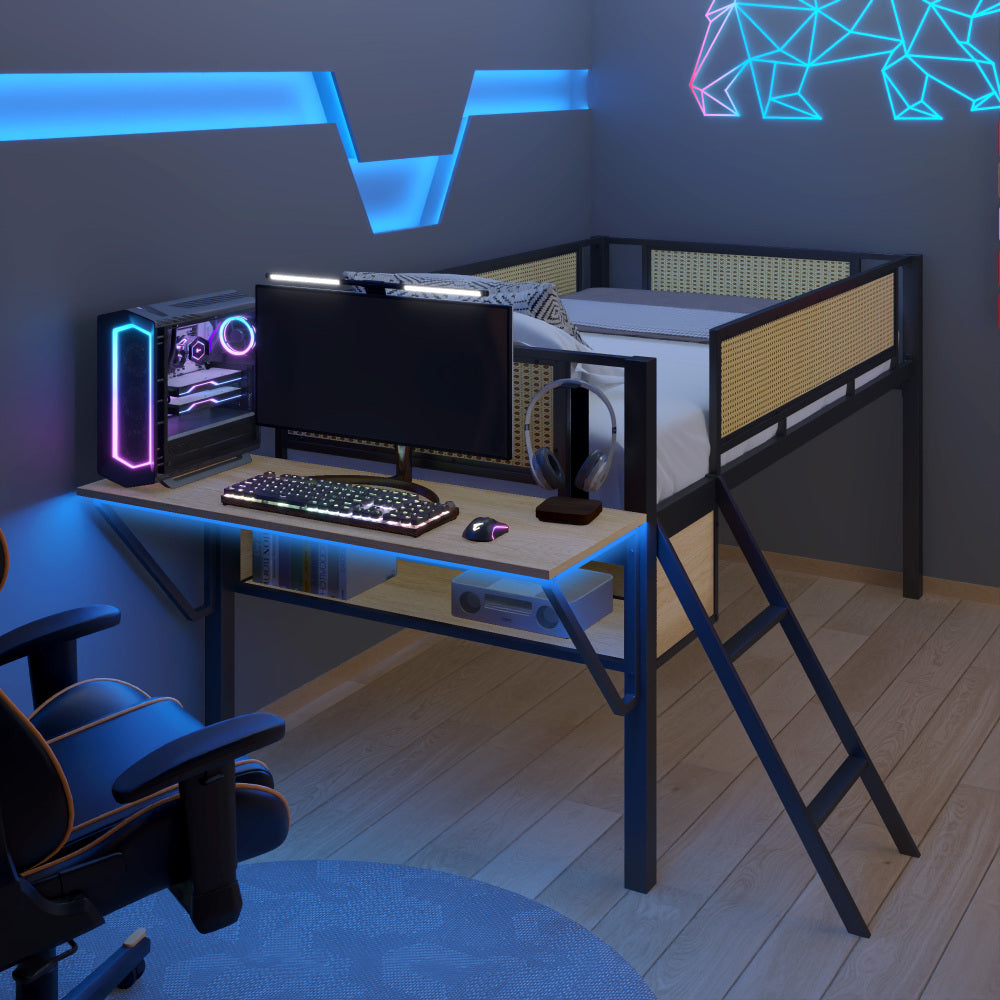 Single metal loft bed with rectangular desk, LED lights, LED loft bed frame double bed with storage shelves and hanging storage compartments, safety guard and ladder, no box springs required, rattan g