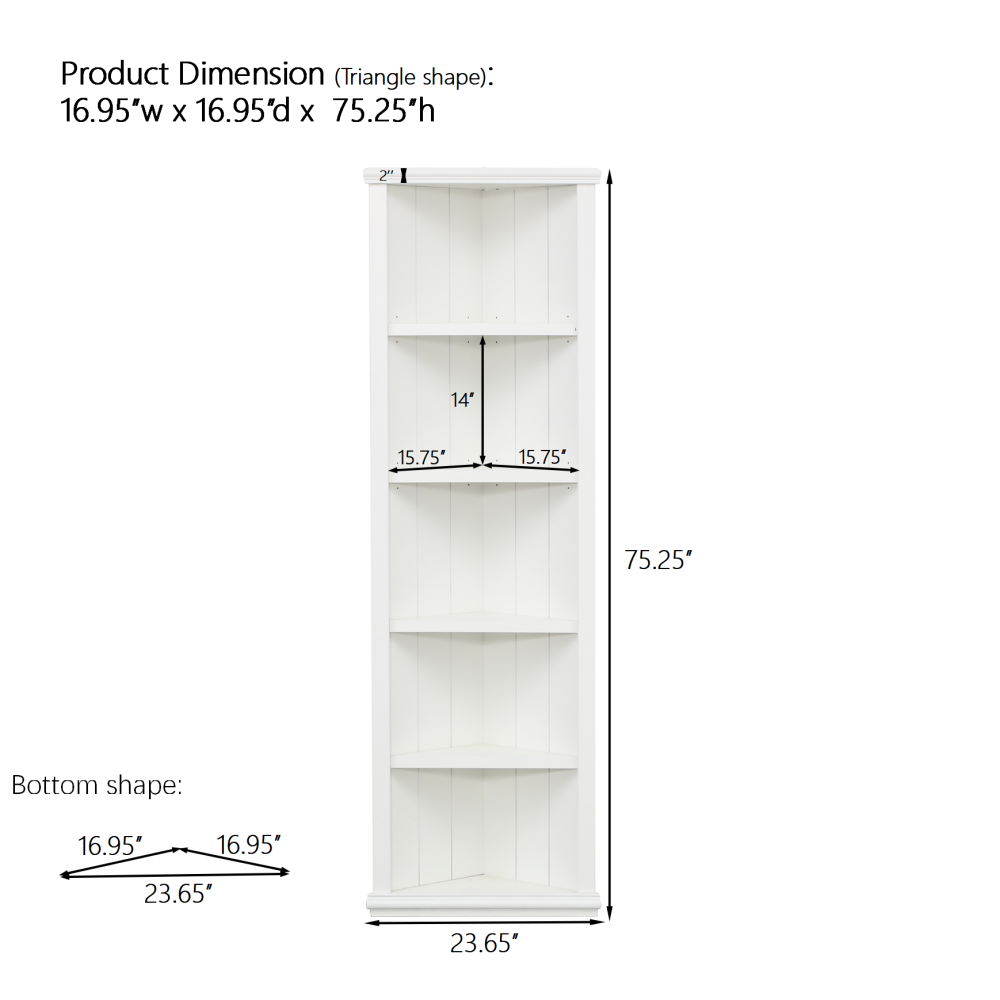 2x 75.25'' Tall Triangle Sided Bookshelves, Set of Two 5-Tier Sided Bookcase - White - Olny Sold with Paired Cabinets