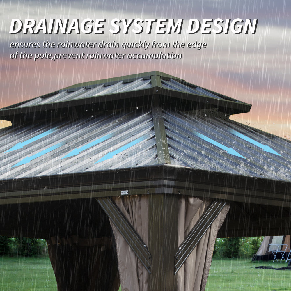 10' X 12' Hardtop Gazebo, Upgraded Metal Gazebo with Drainage System, Dual-Layer Galvanized Steel Roof, Curtain and Netting, Outdoor Shelter Canopy for Patio, Garden, and Backyard, Brown