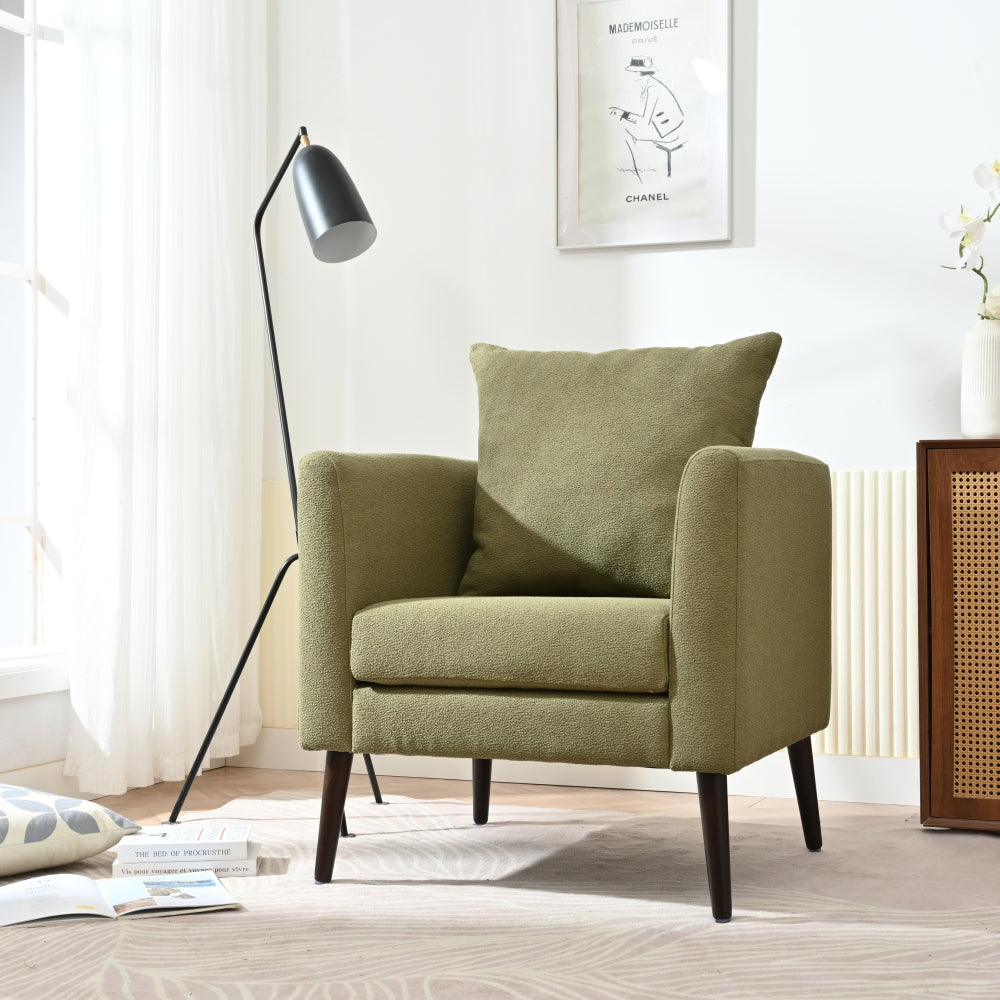 Modern Fabric Accent Chair, Upholstered Armchair for Living Room ,Mid Century Fabric Lounge Chair w/ Pillow, Comfortable Reading Chair with Wood Legs for Living Room, Bedroom,Reception Room (Olive)