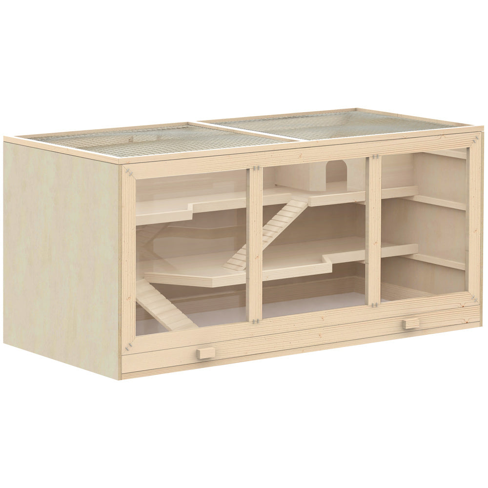 PawHut Extra Large Wooden Hamster Cage, Gerbil Cage, and Other Small Animal Habitat, Hamster Habitat with Opening Roof, Hut, Ramps, Natural