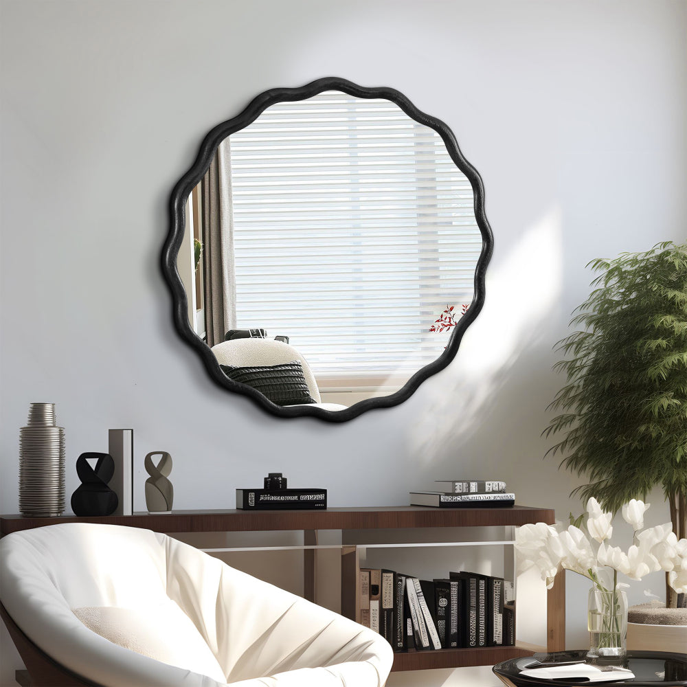 Solid Wood Wavy Mirror-Black Mirror Wall Decor 31" x 31" Modern Mirror Wall Decor for Bathroom, Bedroom, Living Room, Dining Room, Cloakroom, Entryway