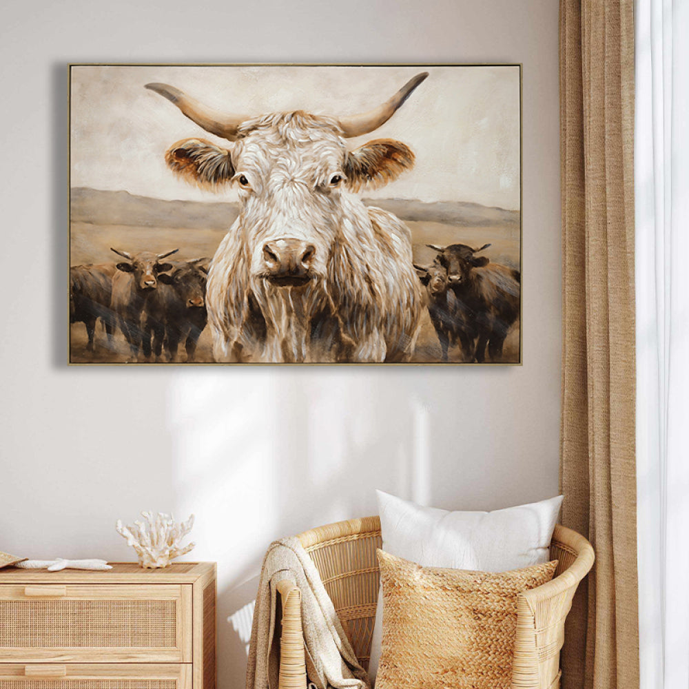 White Highland Cow Canvas Wall Art - Modern Minimalist Animal Art Print for Living Room Bedroom Decor, Framed in Solid Wood, Nature Inspired Wall Decordecorative picture Oil painting