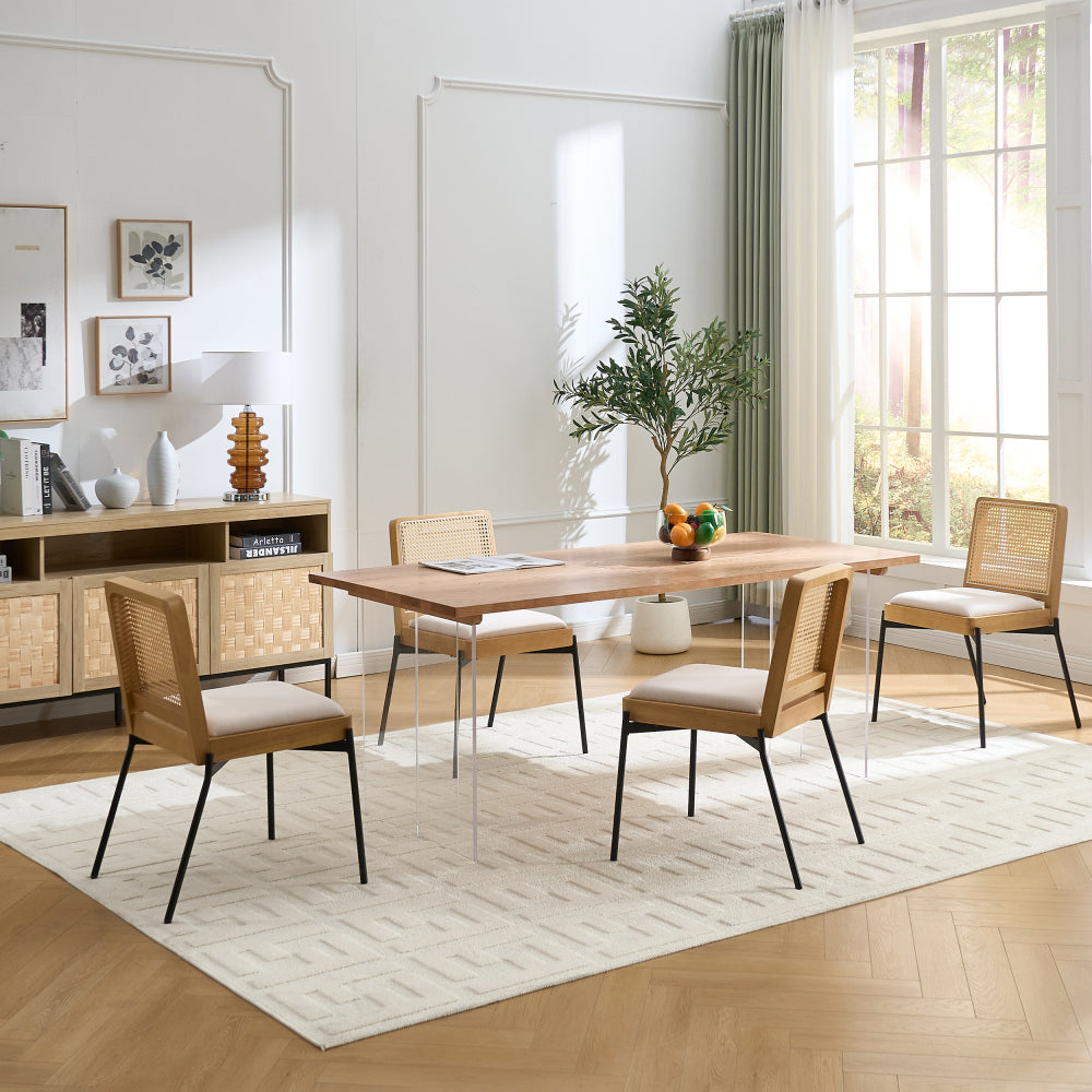 Mid-Century Dining Chairs Set of 2, Accent Linen Fabric Side Chairs with Rattan Backrest Metal Legs Kitchen Chairs for Dining Room Living Room