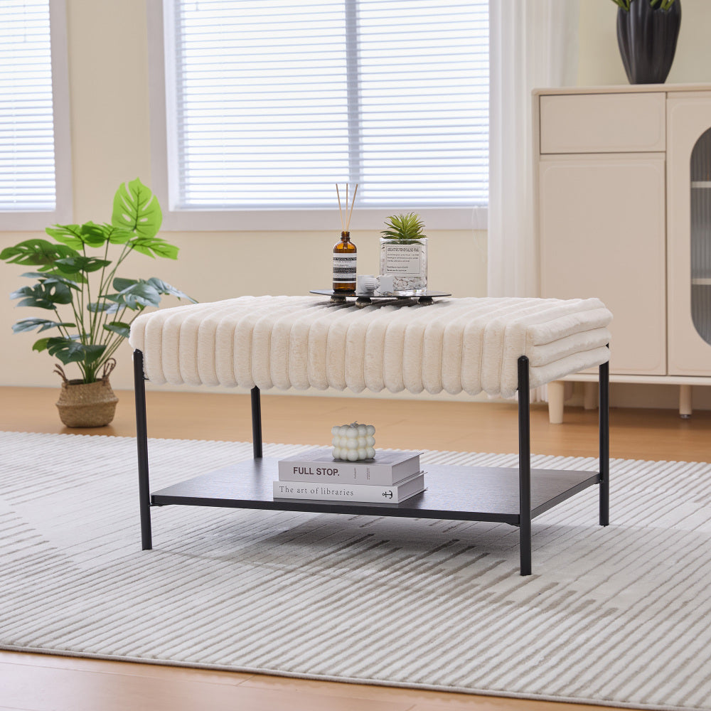 30.7"Wide Upholstered Ottoman Coffee Table Foot Rest with Black Metal Legs,Footstool with Wooden Open Storage Shelf, Faux Fur Foot Stool for Living Room Bedroom Entryway Hotel. Beige