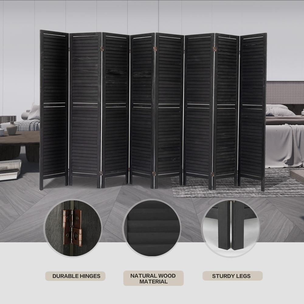 8 Panel Room Divider, Folding Room Divider Privacy Screen 5.6Ft Tall, Wood Freestanding Louvered Divider Screen for Home Office Restaurant Bedroom(Black)