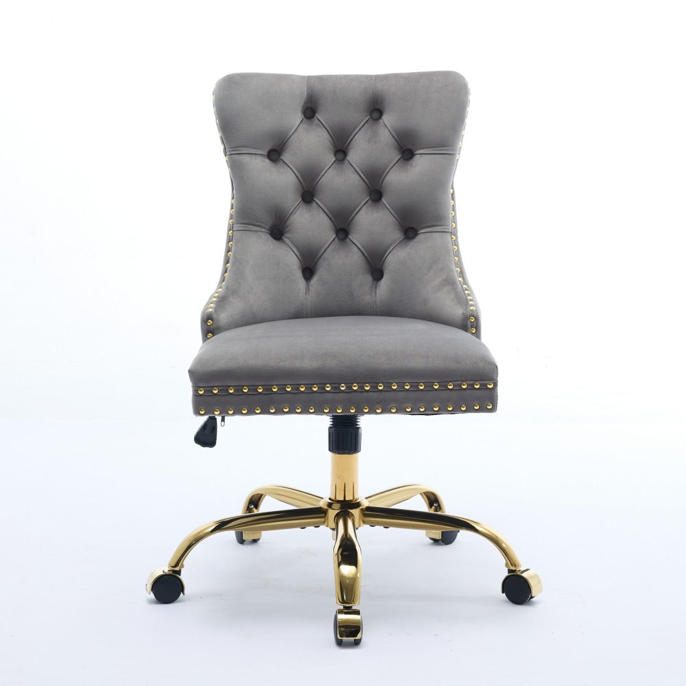 A&A Furniture Office Chair,Modern Velvet Upholstered Tufted Button Home Office Chair with Golden Metal Base,Adjustable Desk Chair Swivel Office Chair (Gray)
