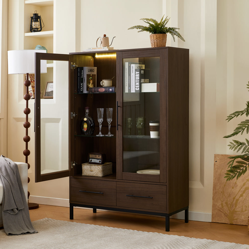 60'' Tall Display Cabinet with 2 Storage Drawers, Pantry with Glass Door & LED Lighting, Farmhouse Storage Cabinet with 4-Tier Adjustable Glass Shelves for Living Room, Hallway, Office, Study - Walnut