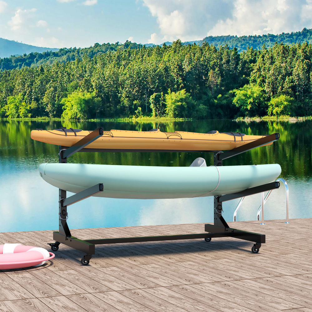 Freestanding Kayak Storage Rack – Holds 2 Kayaks, Heavy-Duty Adjustable Stand with Lockable Wheels for Kayak, Canoe, SUP & Surfboard