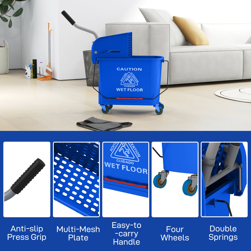 HOMCOM Mop Bucket with Wringer on Wheels for Floor Cleaning, 21 Quart, Separate Dirty and Clean Water, Blue