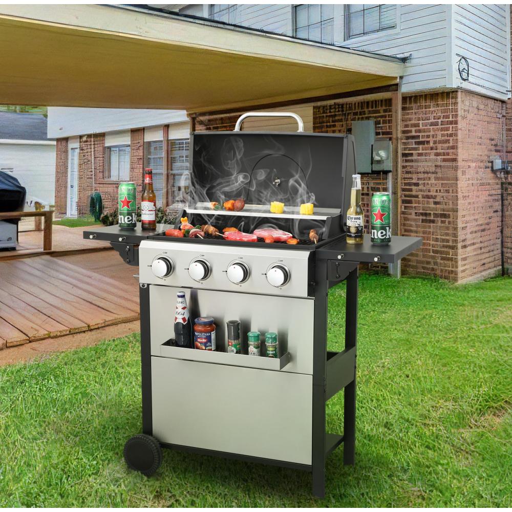 4-Burner Propane Gas BBQ Grill, 34200BTU Output With Wire Enamel Cooking Grids For Outdoor Barbecue, Foldable Side Table, Hanging Basket, Stainless Steel