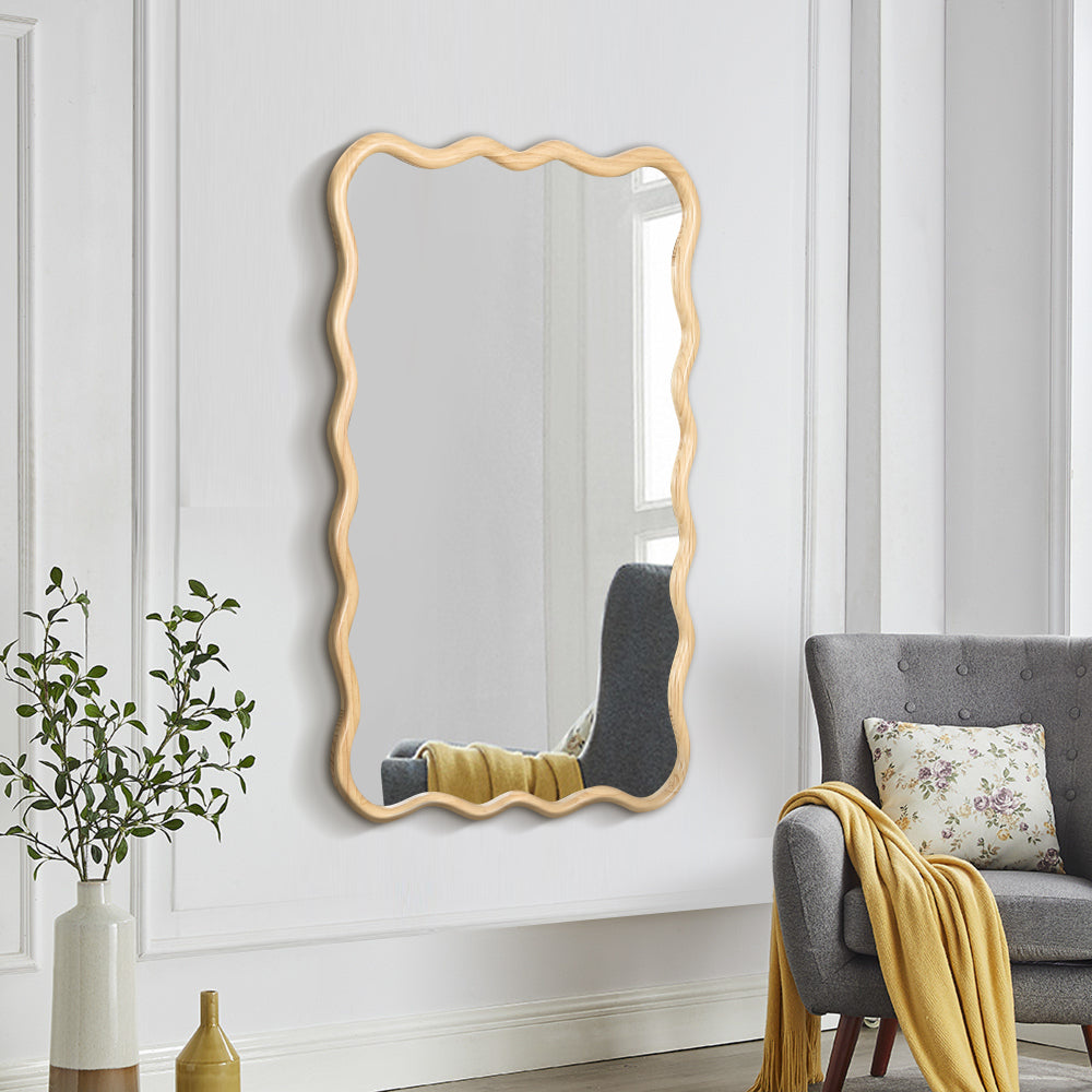 Solid Wood Wavy Rectangle  Mirror-Natural-Wood   40" x 28" Modern Mirror Wall Decor for Bathroom, Bedroom, Living Room, Dining Room, Cloakroom, Entryway