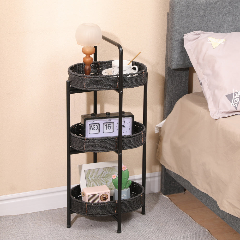 Small Handwoven Side Tables 3-Tier Oval Organizer Portable Storage Shelf  for Kitchen, Living Room, Bedroom, Balcony, Picnic (Black)