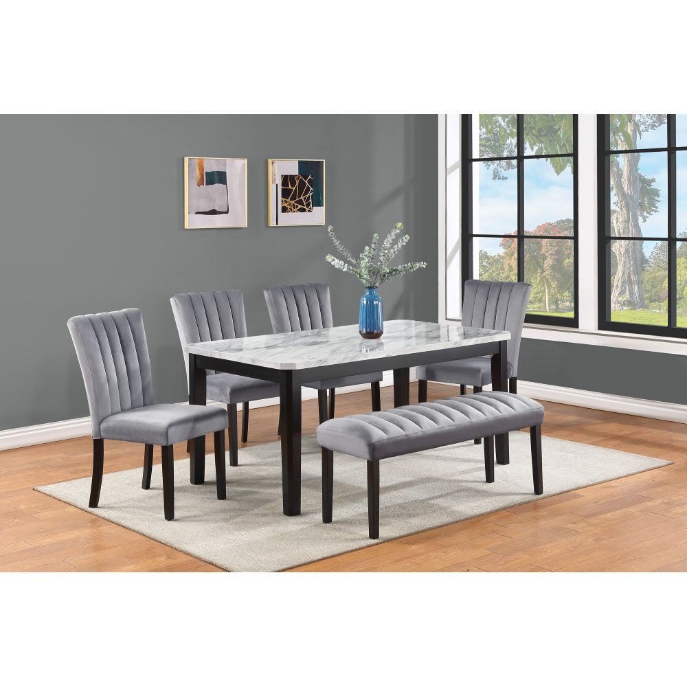 6-Piece Contemporary Dining Set Rectangular Faux Marble Table Top Black Finish Upholstered Chairs Bench Channel Tufting Wooden Solid Wood Dining Room Kitchen Furniture