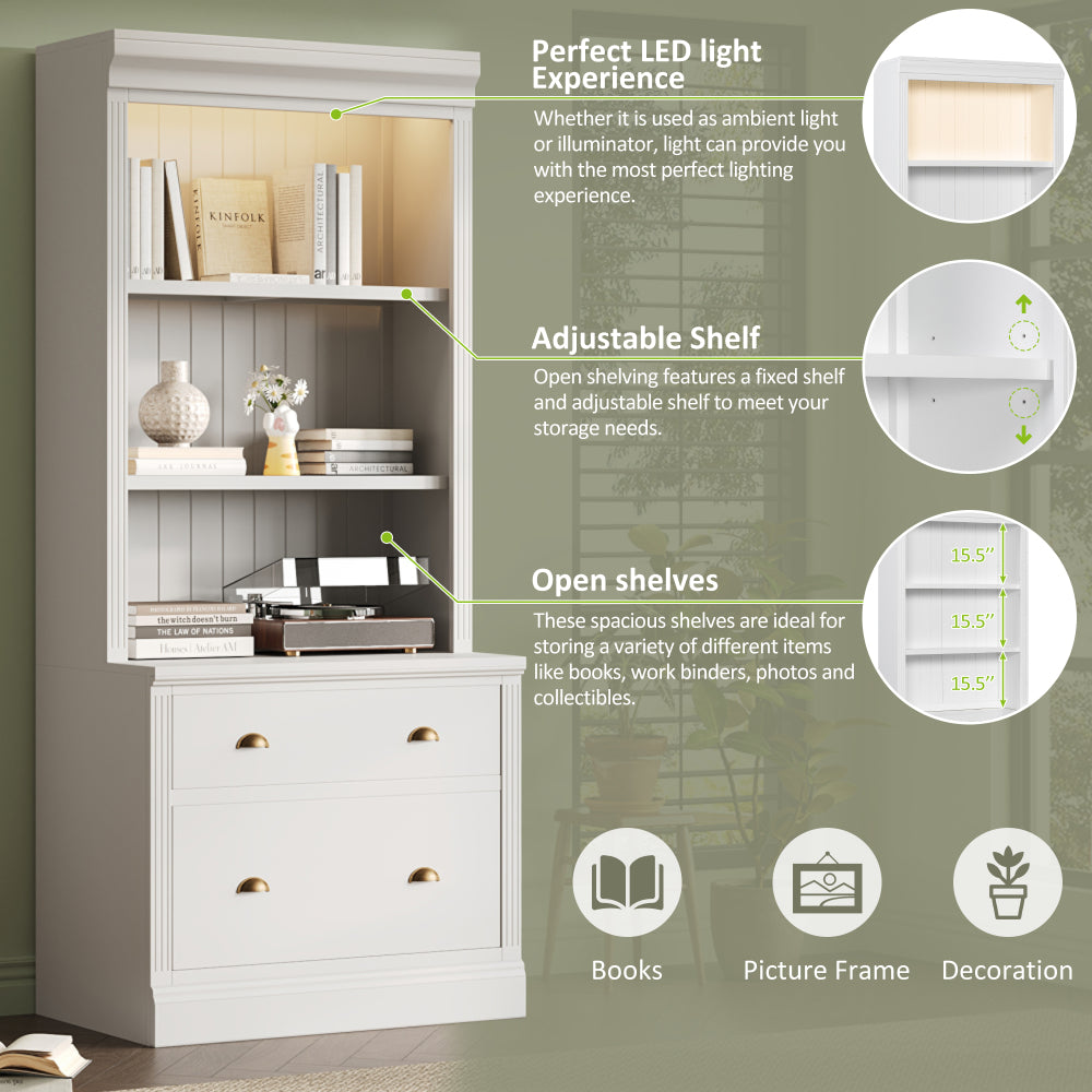 83.4"Tall Bookshelf with LED Lighting, Modern Bookcase with 2 Drawer and 3 Open Shelves,Storage Bookshelf for Living Room,Home Office,White