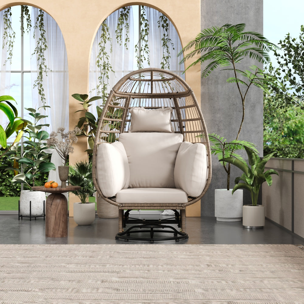 TREXM Outdoor Swivel Chair with Cushions, Rattan Egg Patio Chair with Rocking Function for Balcony, Poolside and Garden (Natural Wicker + Beige Cushion)