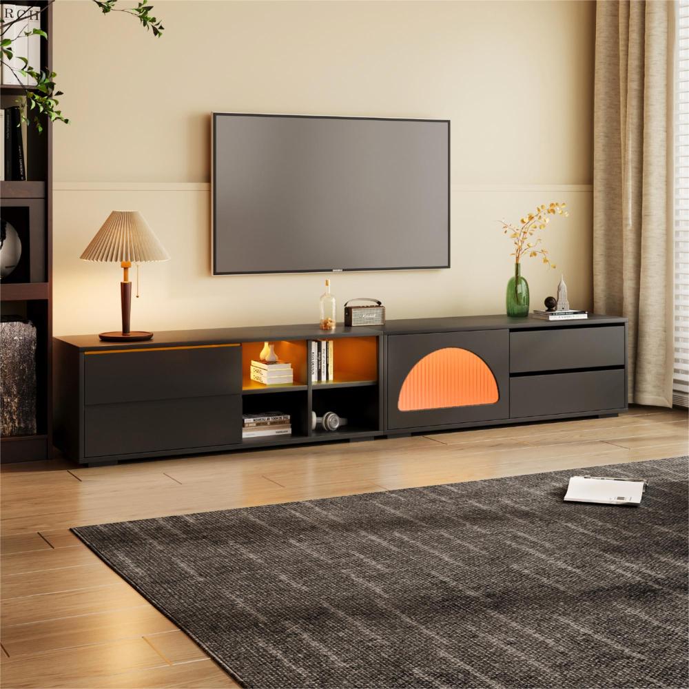 ON-TREND TV Stand with Fluted tempered Glass Doors for TVs Up to 95'', Functional Media Console with Arched Cabinet Doors, Entertainment Center with APP-Controlled LED Light for Living Room, Black