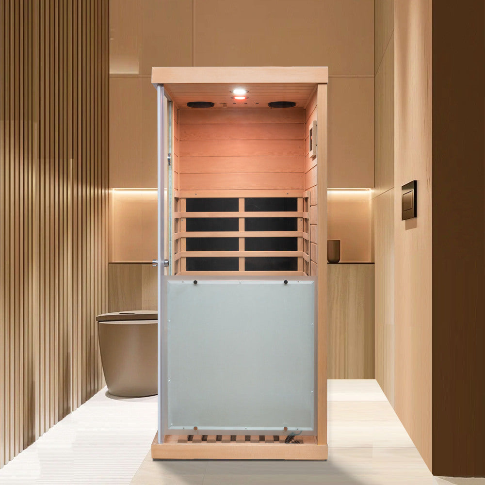 Large glass mini hemlock sauna with right door opening