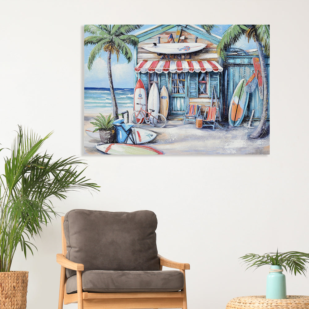 Blue Beach House Surfboard Coconut Tree Ocean Wall Art - Coastal Tropical Landscape Mural Print - Vibrant Seaside Decor for Living Room Bedroom Office decorative picture