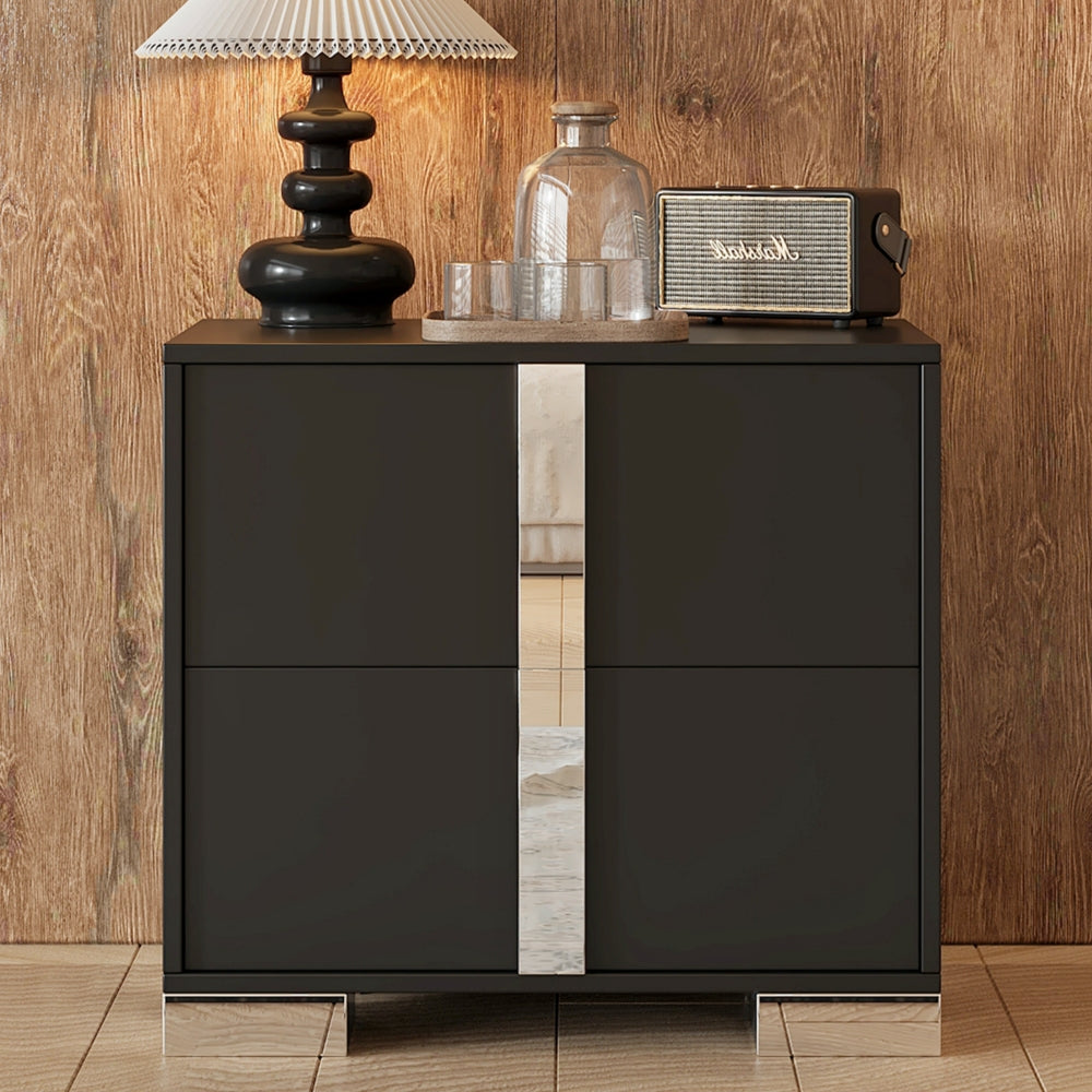 Elegant Nightstand with Metal Handle,Mirrored Bedside Table with 2 Drawers for Bedroom,Living Room,Grey