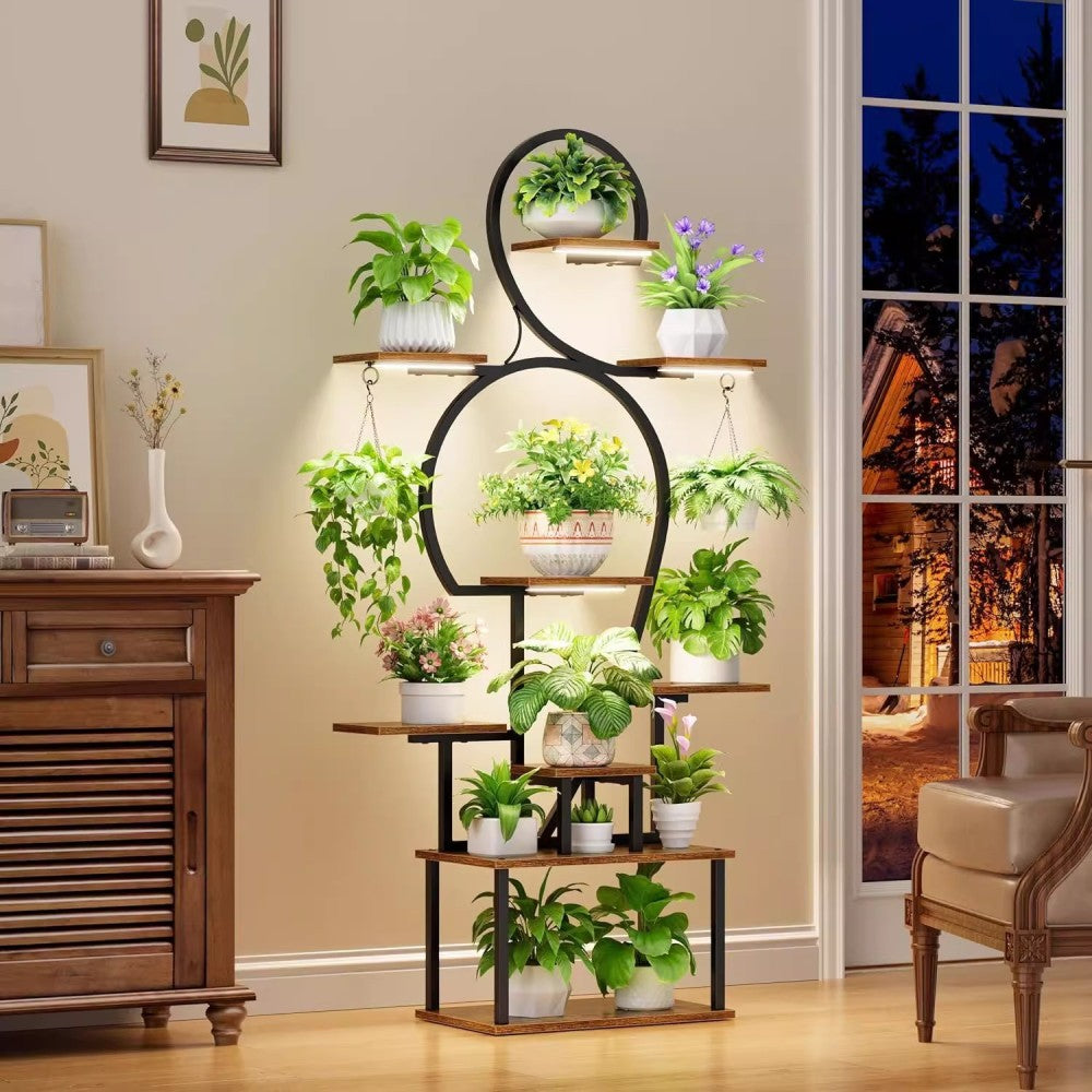 Plant Stand Indoor with Grow Light, 9 Tiered 63" Tall Indoor Plant Shelves for Multiple Plants, Large Metal Plant Shelf, Lighted Plant Stand for Indoor, Balcony, Living Room