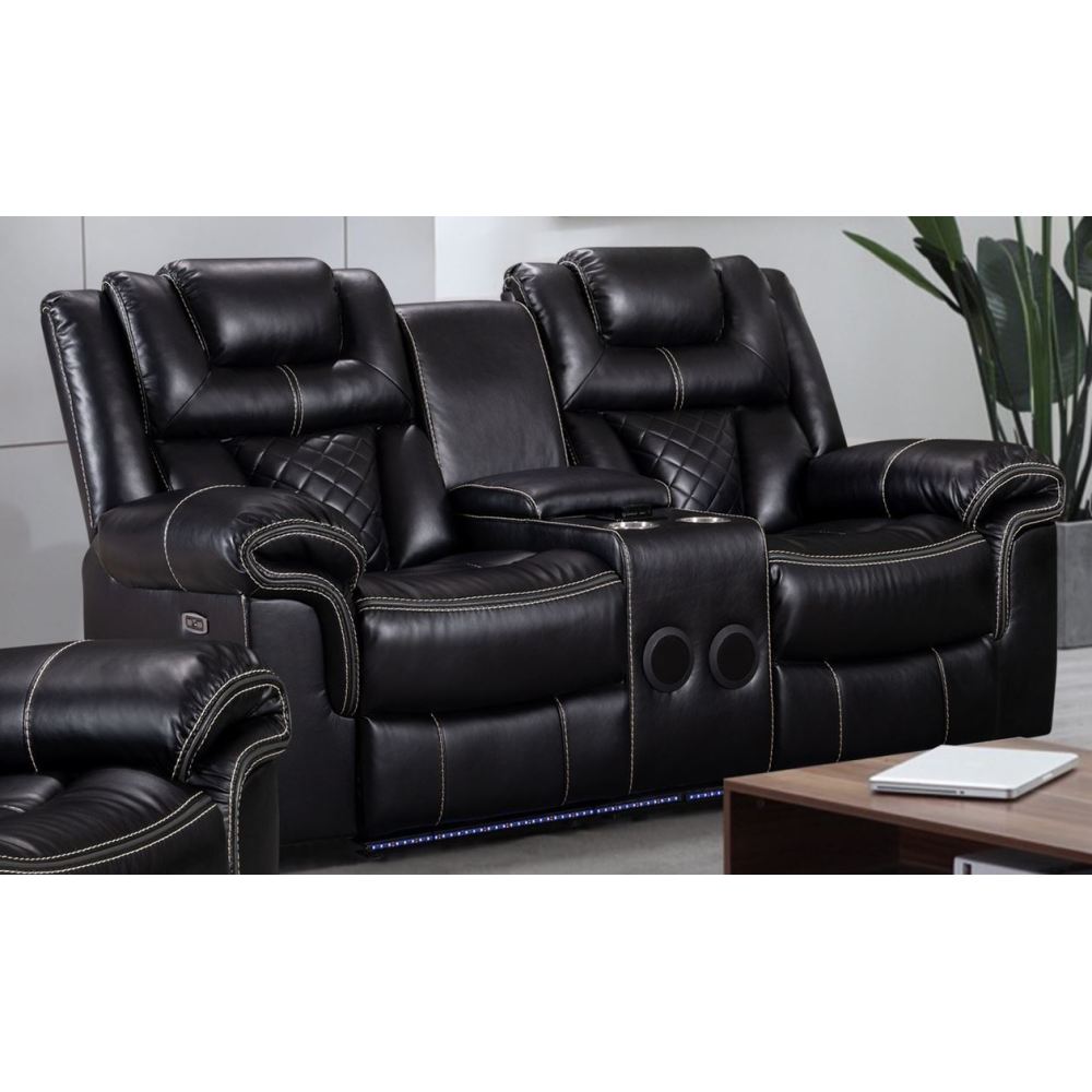 ENCORE BLACK LOVESEAT CONSOLE DUAL POWER SPEAKERS WIRELESS CHARGER & USB, LIGHT TAPE LEATHER GEL
