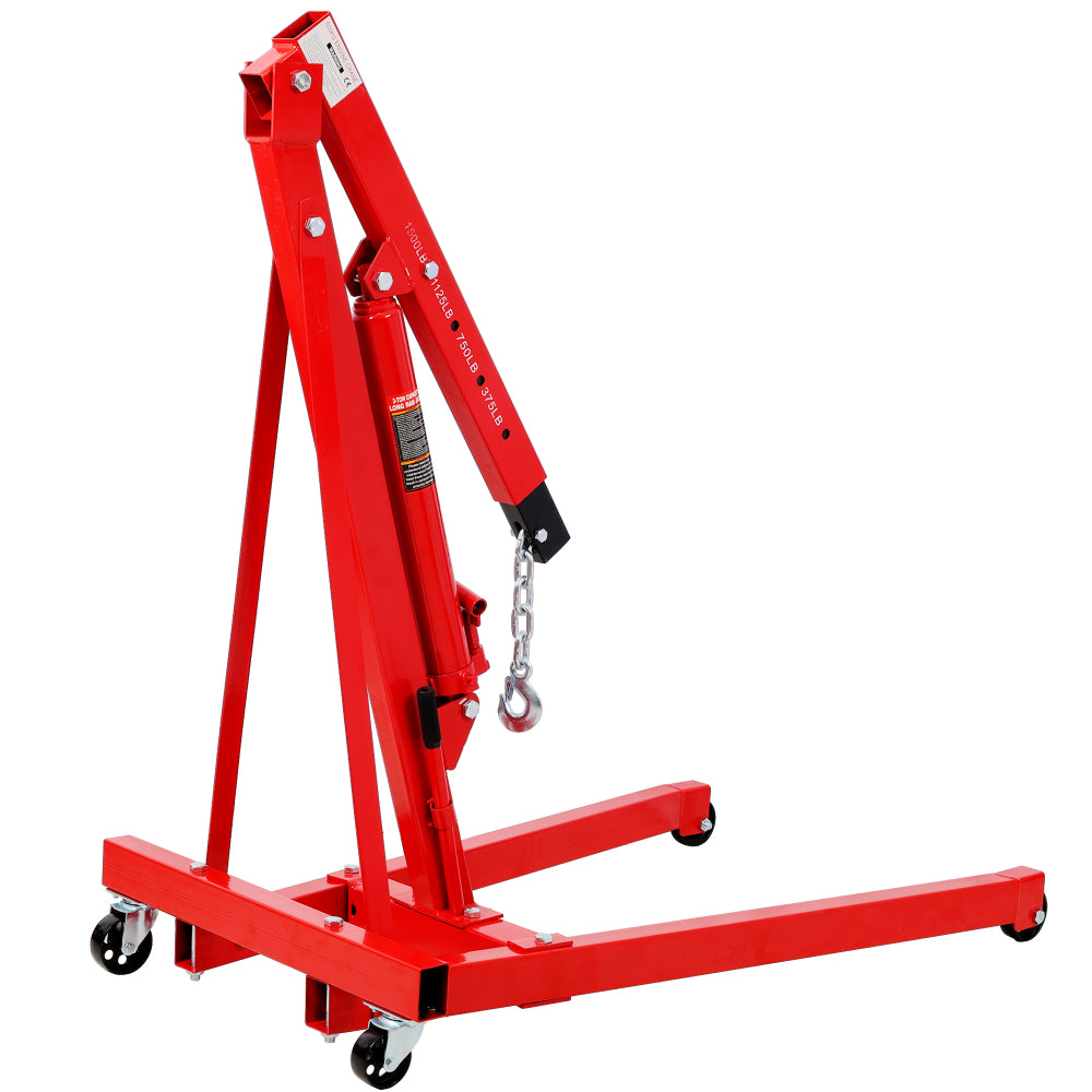 1500 LBS Folding Engine Hoist Cherry Picker Shop Crane Hoist Lift, Heavy Duty Steel with 4 Iron Caster Wheels, Red Color.