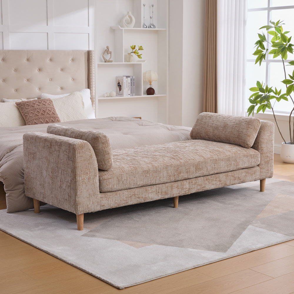 83.1"Wide Modern Upholstered End of Bed Bench with Armrests, Chenille Chaise Lounge Couch with 2 Bolster Pillows, Daybed with Rubberwood Legs For Living Room,Bedroom,Apartment,Guestroom, Wheat