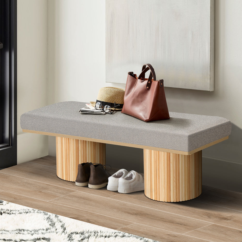 Upholstered Bench with Chunky Legs Light Grey Boucle Fabric Contemporary Style Bed-end Bench for Bedroom Living Room, Natural Wood