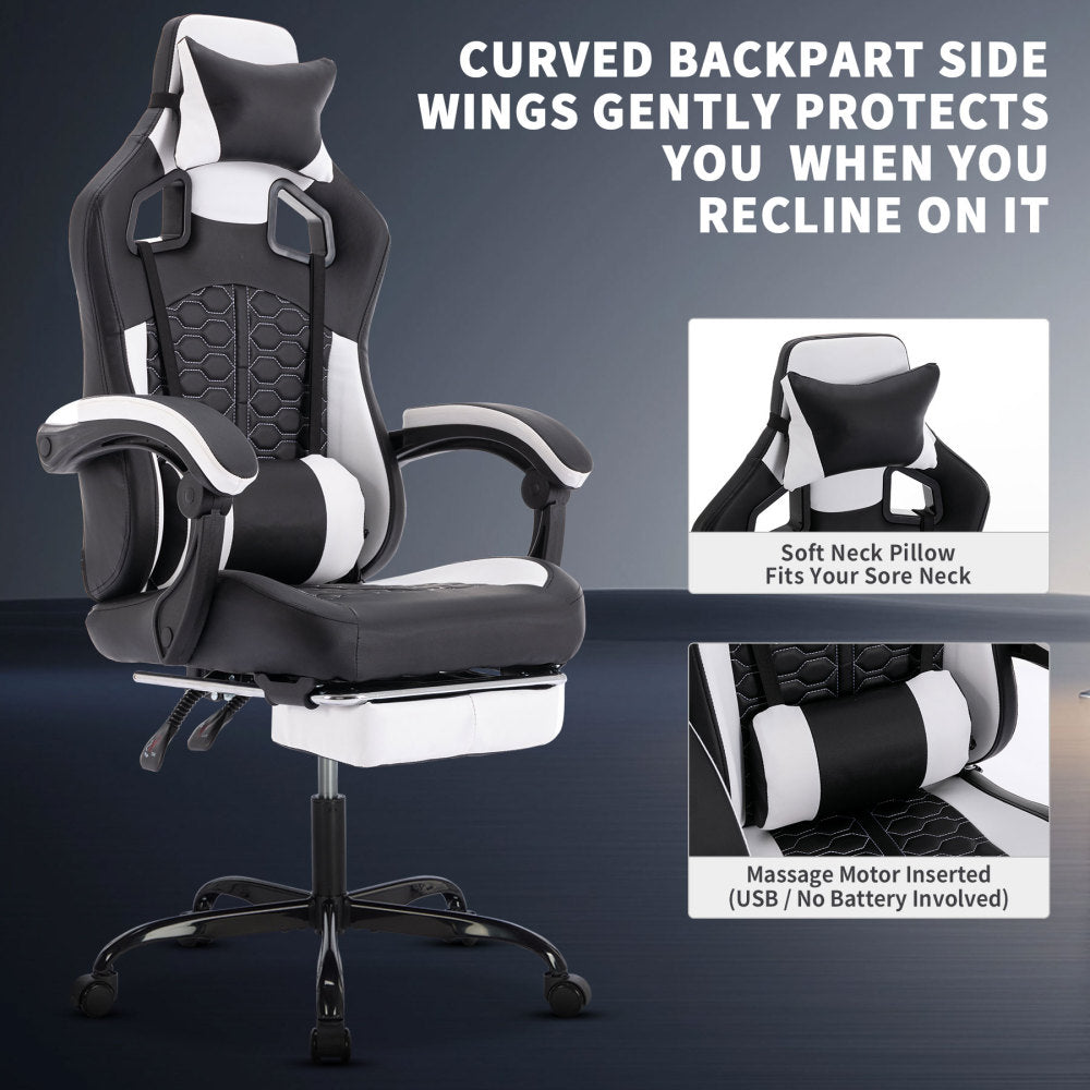 Gaming Chair with Massage,Ergonomic PC Gaming Chair with Footrest Comfortable Headrest and Lumbar Support,High Back PVC Leather,300LBS (Black White)