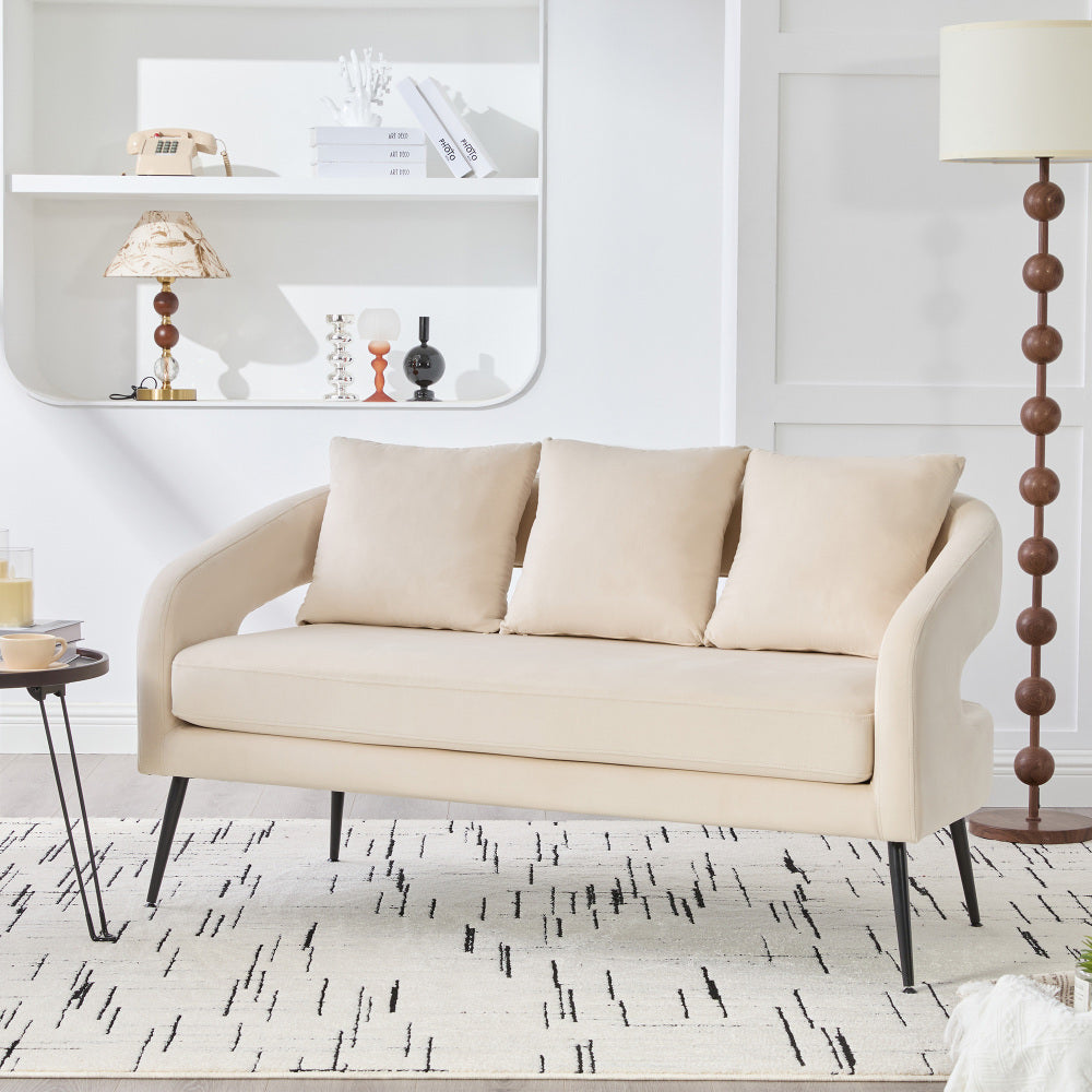 53.7"Modern Upholstered Velvet Open Back Loveseat Settee with 3 Pillows, Small Comfy Sofa 2-Seater Mini Sofa for Small Space with Metal Legs, Living Room Bedroom Office Dorm Studio Apartment, Beige