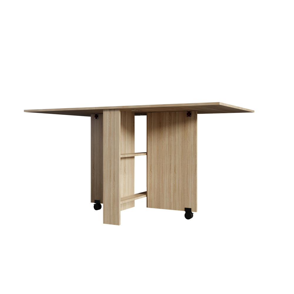 DFW Folding Dining Table, Versatile Dinner Table with 2 Wheels and 2 Storage Racks, Space Saving Dining Room Table, Folding Kitchen Table, Pear Wood Color