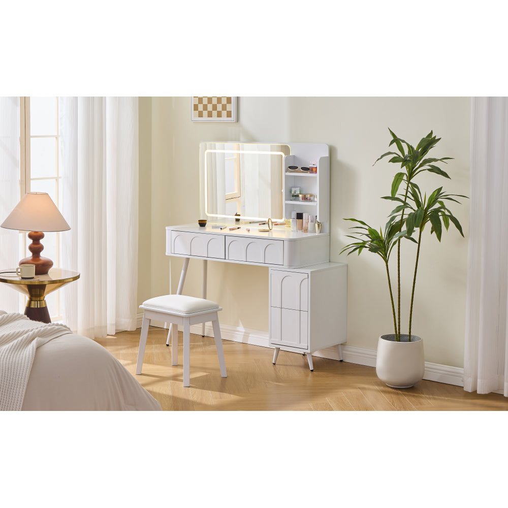 Modern Makeup Vanity Desk with LED Lights & Mirror, 4 Drawer Dressing Table Set with Stool, 3 Colors Dimmable Brightness, Space-Saving for Bedroom, White