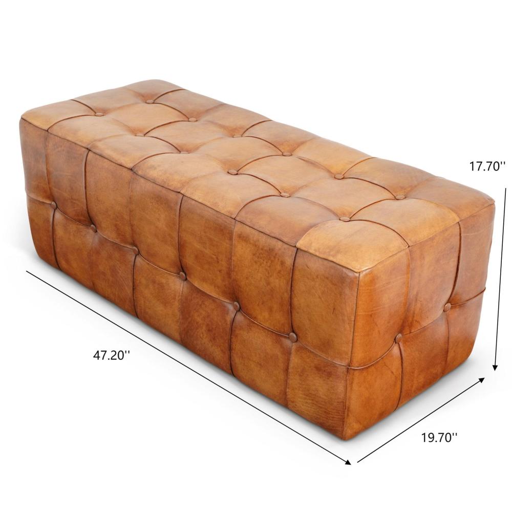 Benjiro Tan Leather Bench Ottoman Stool Leather Footstool Bench 17.7"H x 47.2"W x 19.7"D