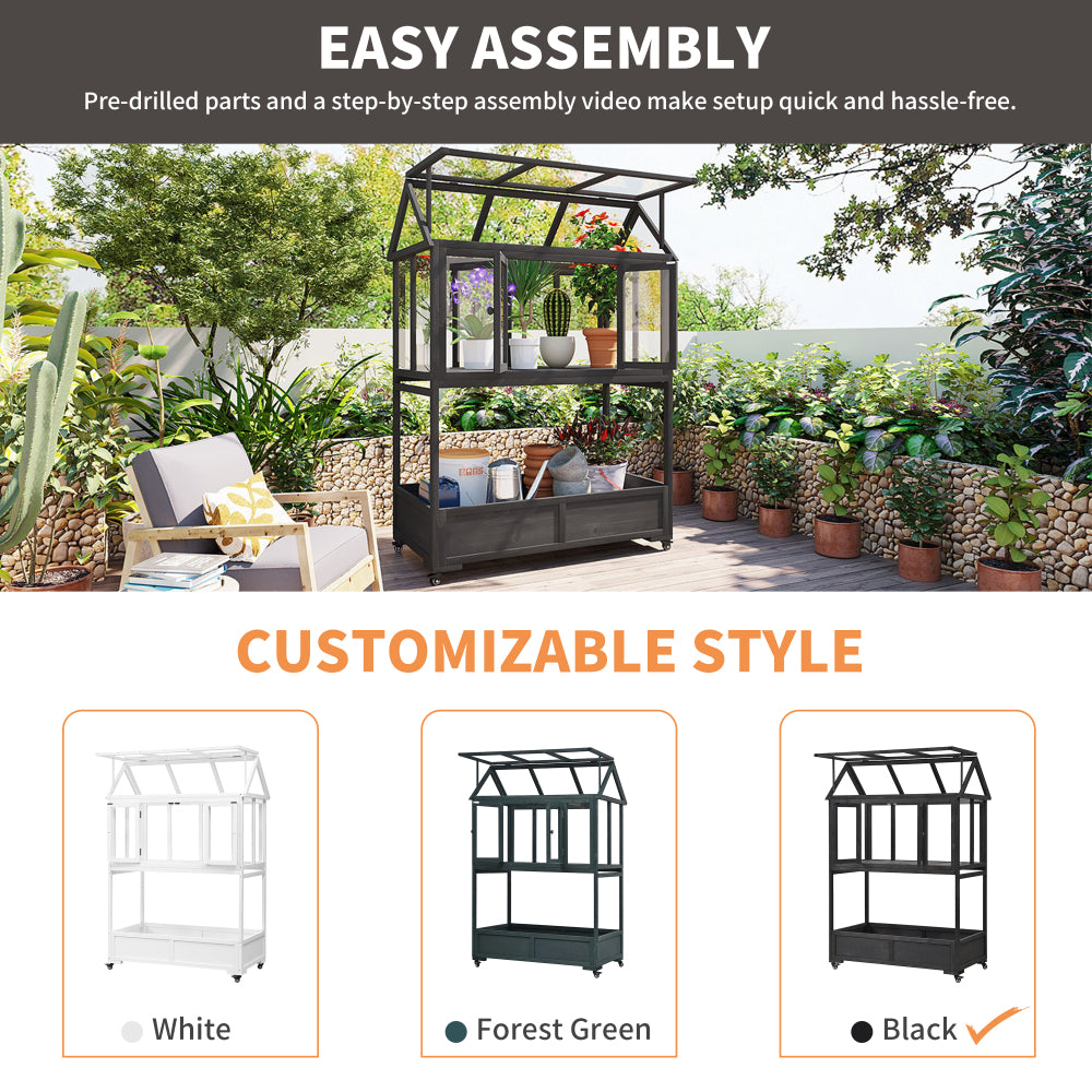 [Assembly Video Available] TOPMAX Garden Wood Portable Cold Frame with Movable Wheels Mini Greenhouse with Openable Roof and Storage Box, Black
