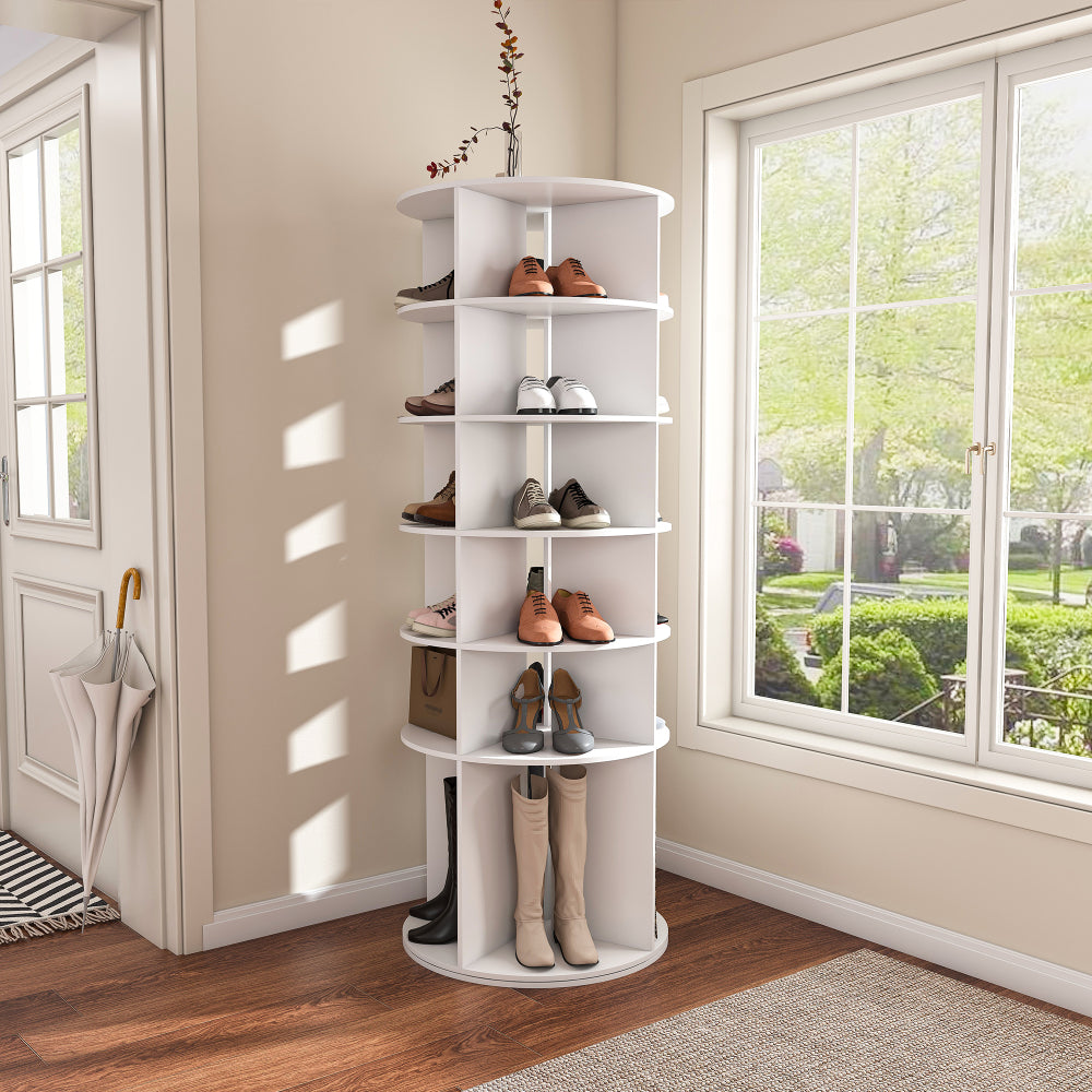 Rotating Shoe Rack Tower, 7-Tier Spinning Shoe Rack, Free Standing 360° Revolving Shoe Organizer,  High Bottom Design Shoe Tower Spinning Storage Lazy Susany, Fits 28 Pairs of Shoes (7-Tier White)
