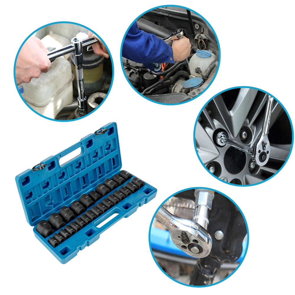 Impact Socket Set 1/2 Inches 26 Piece Impact Sockets, Shallow Socket, 6-Point Sockets, Rugged Construction, CR-V, 1/2 Inches Drive Socket Set Impact Metric 10mm - 36mm, with a Storage Cage