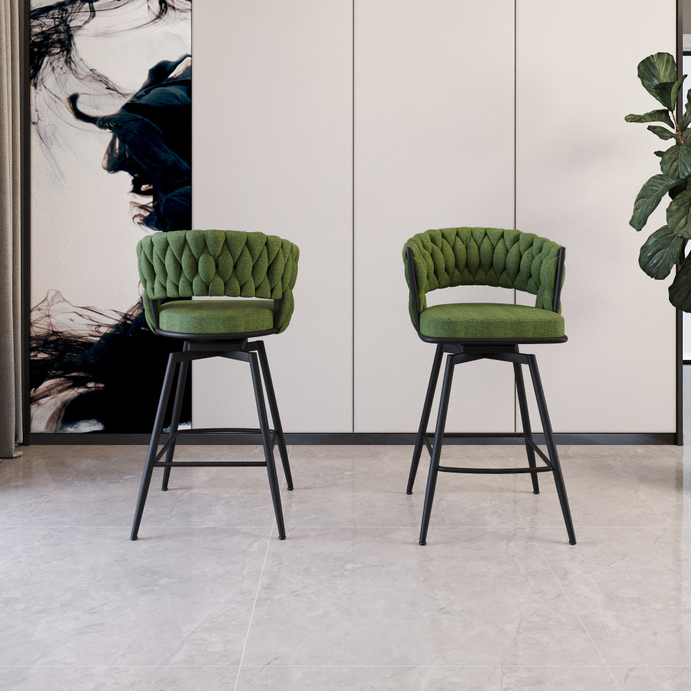 26" Bar Chair Linen Woven Bar Stool Set of 2,Black legs Barstools No Adjustable Kitchen Island Chairs,360 Swivel Bar Stools Upholstered Bar Chair Counter Stool Arm Chairs with Back Footrest (Green)