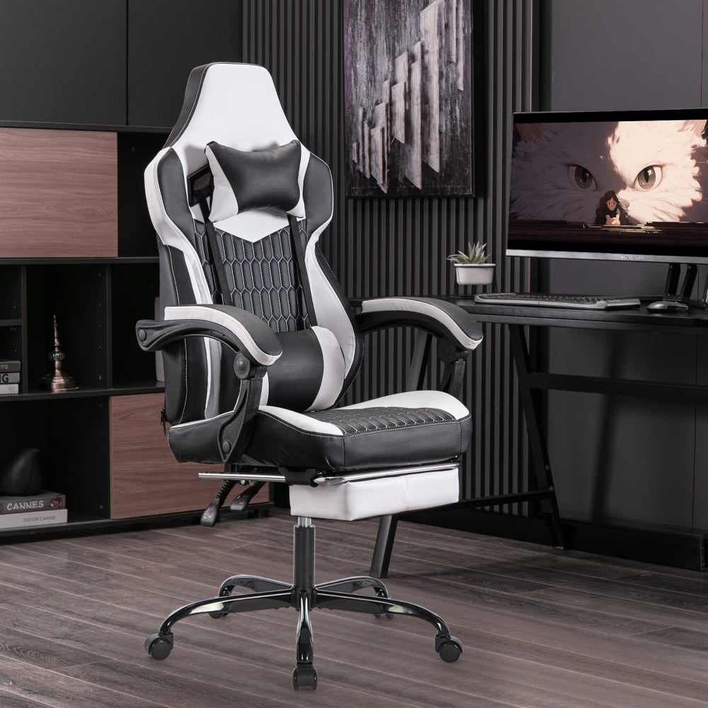 Gaming Chair with Footrest, High Back Gaming Chairs PVC Leather Ergonomic Office Gamer Chair Headrest Lumbar Support Racing Style Video Gaming Chair (Black White)