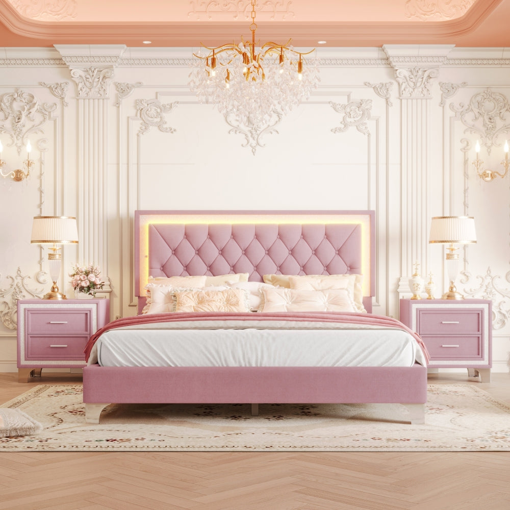 3-Pieces Bedroom Sets,Queen Size Upholstered Platform Bed with LED Lights and Two Nightstands-Gray