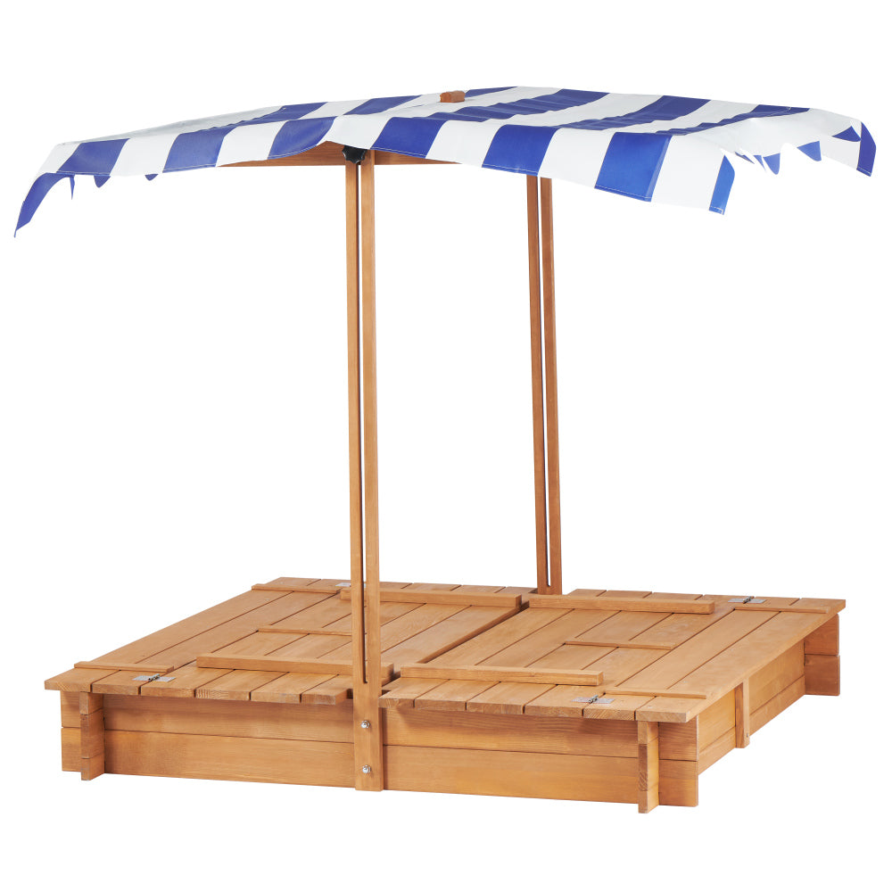 Kids Sandbox with Adjustable Cover, 46'' Wooden Sand Box with 2 Foldable Bench Seats, Outdoor Sandpit for Backyard Play