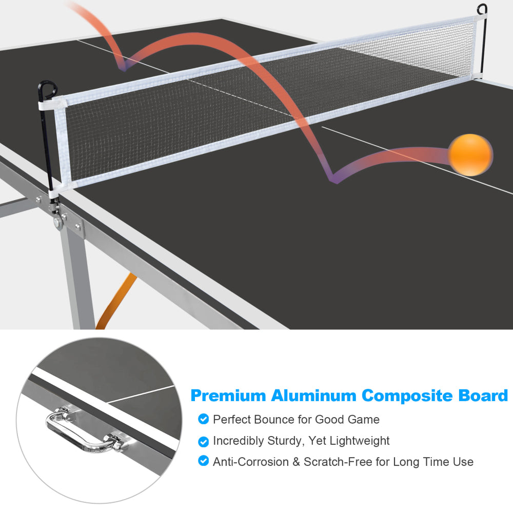 6ft Black Mid-Size Table Tennis Table Foldable & Portable Ping Pong Table Set for Indoor & Outdoor Games with Net, 2 Table Tennis Paddles and 3 Balls