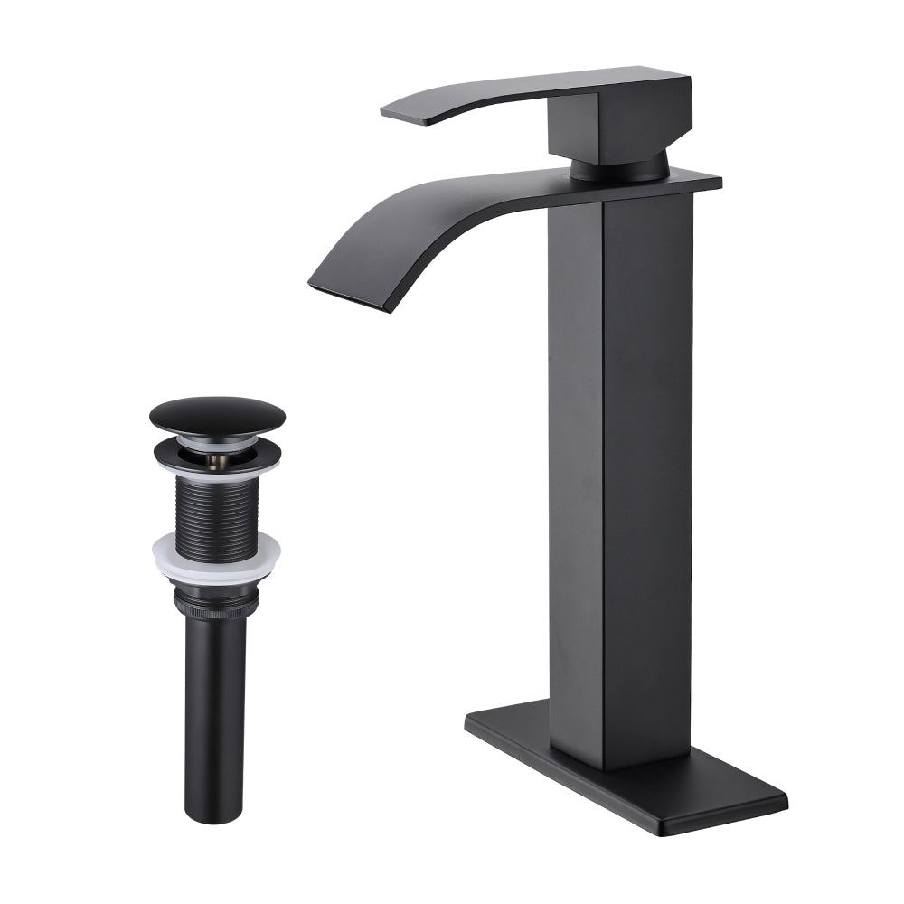 Waterfall Spout Bathroom Sink Single Handle Faucet with Pop-Up Drain (No Overflow)